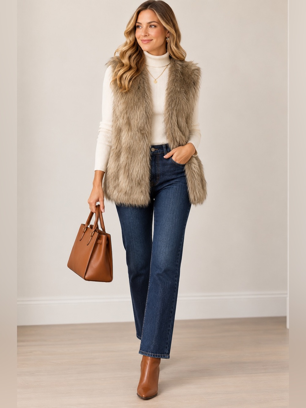 Wenxi Faux Fur Tan Cream Gilet Vest Fits like Small Hook And Eye Closure NWT NEW
